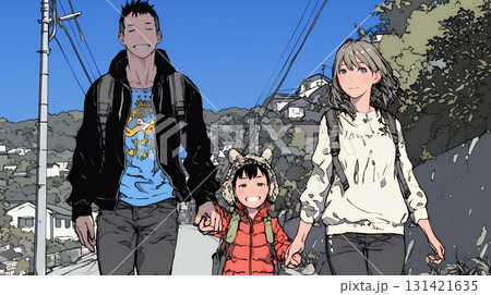 仲の良い家族：父親、母親、その子どもが仲良く連れ立って歩いている