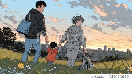 仲の良い家族：父親、母親、その子どもが仲良く連れ立って歩いている 131421636