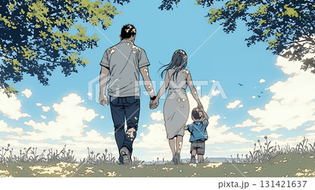 仲の良い家族：父親、母親、その子どもが仲良く連れ立って歩いている 131421637