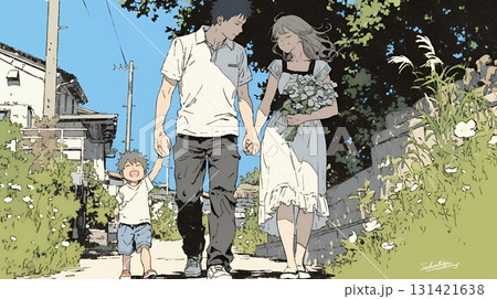 仲の良い家族：父親、母親、その子どもが仲良く連れ立って歩いている