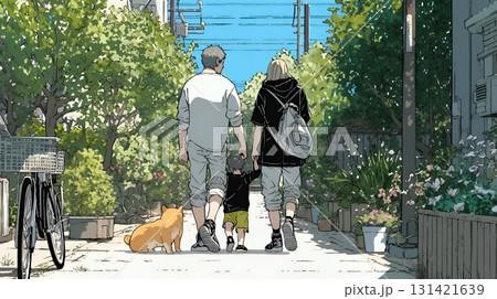 仲の良い家族：父親、母親、その子どもが仲良く連れ立って歩いている