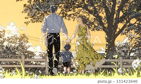 仲の良い家族：父親、母親、その子どもが仲良く連れ立って歩いている