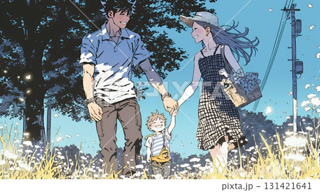 仲の良い家族：父親、母親、その子どもが仲良く連れ立って歩いている