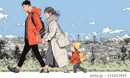 仲の良い家族：父親、母親、その子どもが仲良く連れ立って歩いている