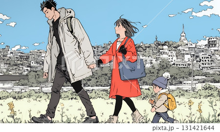 仲の良い家族：父親、母親、その子どもが仲良く連れ立って歩いている