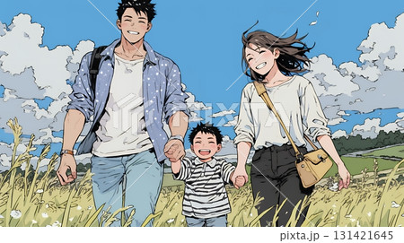 仲の良い家族：父親、母親、その子どもが仲良く連れ立って歩いている