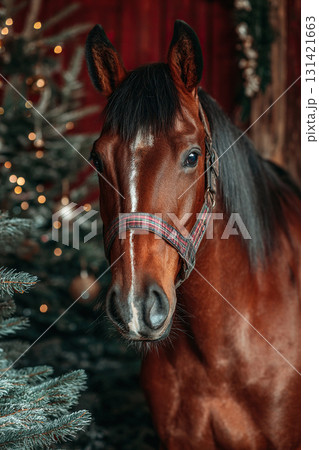 A portrait of a brown horse with a black mane next to a Christmas tree decorated with garland. Concept for the winter Christmas holidays. 131421663
