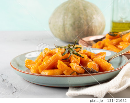 Pumpkin recipe homemade gnocchi on pastel color background 131421682