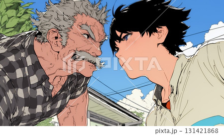 親子喧嘩：青年男子の息子と父親がいがみ合っている