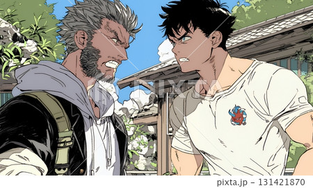 親子喧嘩：青年男子の息子と父親がいがみ合っている