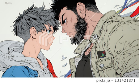 親子喧嘩：青年男子の息子と父親がいがみ合っている