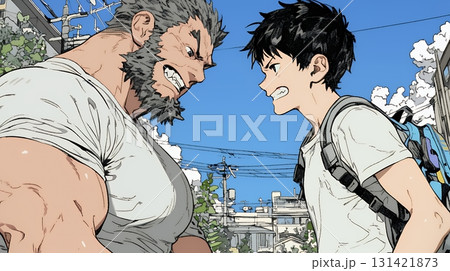 親子喧嘩：青年男子の息子と父親がいがみ合っている