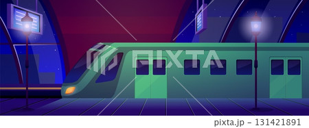 Railway station at night, vector flat empty subway station interior with metro train and platform, scoreboard, transport Railway station at night, vector flat empty subway station interior with metro train and platform, scoreboard, transport 131421891