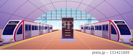 Railway station vector flat illustration, empty metro subway station interior with modern high speed trains and platform Railway station vector flat illustration, empty metro subway station interior with modern high speed trains and platform 131421895