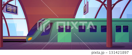 Railway station, vector flat empty subway station interior with metro train and platform, scoreboard, transport Railway station, vector flat empty subway station interior with metro train and platform, scoreboard, transport 131421897