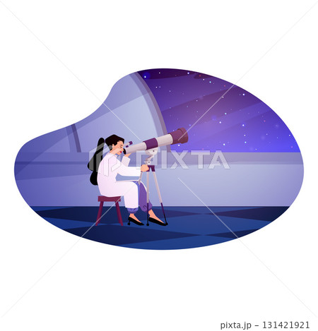 Woman astronomy scientists observing space, observatory interior with telescope vector flat illustration in frame 131421921