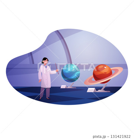 Observatory interior with planetarium, woman astronomy scientists observing space Saturn and Neptune planets flat vector Observatory interior with planetarium, woman astronomy scientists observing space Saturn and Neptune planets flat vector 131421922