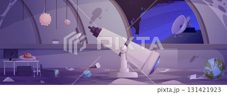Destroyed and abandoned Observatory interior with broken telescope and planetarium vector flat illustration 131421923