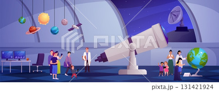 Observatory interior with telescope and planetarium, astronomy scientists observing space vector flat illustration 131421924