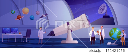 Observatory interior with telescope and planetarium, astronomy scientists observing space vector flat illustration 131421936