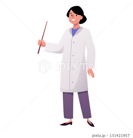 Woman scientist, vector cartoon scientific technician, female character in a white lab coat with a pointer in hand Woman scientist, vector cartoon scientific technician, female character in a white lab coat with a pointer in hand 131421957