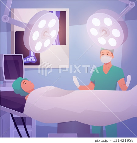 Surgery room interior with patient under anesthesia on the operating table under glowing lamp and surgeon flat vector Surgery room interior with patient under anesthesia on the operating table under glowing lamp and surgeon flat vector 131421959