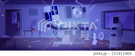 Destroyed and abandoned surgery room interior, vector flat broken hospital operating room with medicines instruments 131421960