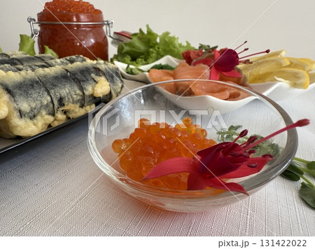 fried red caviar rolls sushi roll sashimi fried sushi , California roll rice noodles crab shrimp nigiri raw sushi fish salmon omega raw fish healthy food wasabi soy sauce 131422022