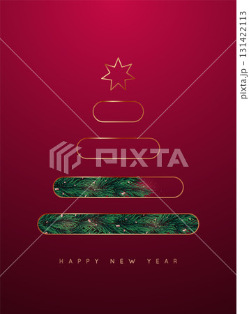 Minimalist design features layered tree outline with festive tex Minimalist design features layered tree outline with festive tex 131422113