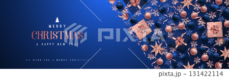 Merry Christmas greeting adorned with festive decorations in blu Merry Christmas greeting adorned with festive decorations in blu 131422114