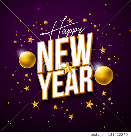 2026 Happy New Year Greeting Card Illustration with White 3D Typography Lettering and Christmas Ball on Dark Background. Holiday Design with Christmas Ornaments for Calendar, Flyer, Banner 131422270