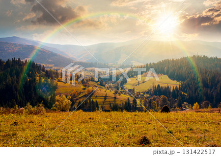 landscape with coniferous forest behind the meadow in autumn at sunset. nature background with blue sky and mountain ridge in evening light. alpine woodland landscape with coniferous forest behind the meadow in autumn at sunset. nature background with blue sky and mountain ridge in evening light. alpine woodland 131422517