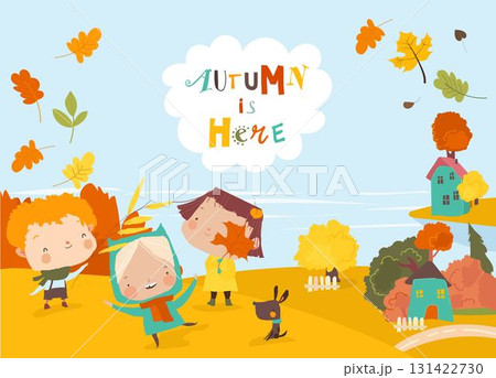 Happy Kids playing in Meadow in Countryside Village Surrounded by Autumn Garden and Trees Happy Kids playing in Meadow in Countryside Village Surrounded by Autumn Garden and Trees 131422730