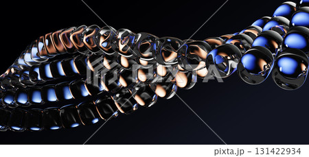 Neon glass spiral line of transparent round balls with blue brown gradient on black background. Abstract curve wave pattern. Futuristic dna structure for science and technology design. 3D illustration Neon glass spiral line of transparent round balls with blue brown gradient on black background. Abstract curve wave pattern. Futuristic dna structure for science and technology design. 3D illustration 131422934