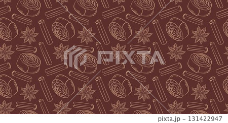 Seamless pattern with cinnamon bun, star anise and sticks drawn in line art style on a dark brown background. Perfect for bakery, cafe or kitchen wallpaper design. Seamless pattern with cinnamon bun, star anise and sticks drawn in line art style on a dark brown background. Perfect for bakery, cafe or kitchen wallpaper design. 131422947