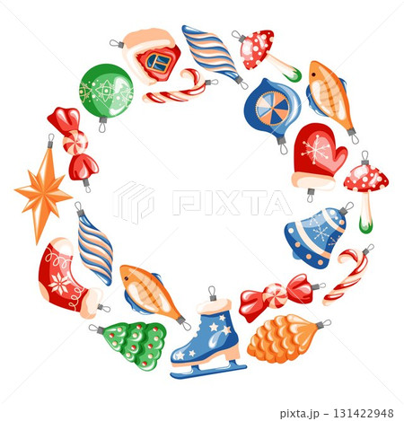 Festive wreath made of colorful Christmas tree toy ornament, star, bell, mitten, skates, candy cane arranged in a circular frame on white background in cartoon style. Festive wreath made of colorful Christmas tree toy ornament, star, bell, mitten, skates, candy cane arranged in a circular frame on white background in cartoon style. 131422948