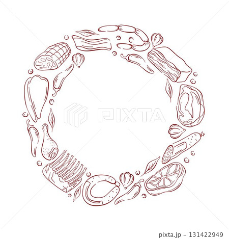 Circular frame of assorted meat cuts, sausages, chicken, bacon, herbs, garlic and chili peppers on white background for food butcher design and culinary book in line art style. 131422949