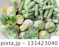Frozen vegetables close up. Vegetables in the fridge. Ice on vegetables. 131423040