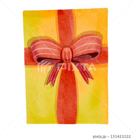 Yellow gift box with a red bow. Hand-drawn watercolor souvenir. The illustration is perfect for holiday decorations and greeting cards. Yellow gift box with a red bow. Hand-drawn watercolor souvenir. The illustration is perfect for holiday decorations and greeting cards. 131423122