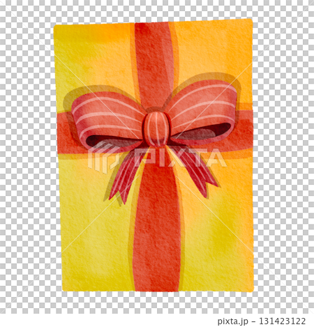 Yellow gift box with a red bow. Hand-drawn watercolor souvenir. The illustration is perfect for holiday decorations and greeting cards. Yellow gift box with a red bow. Hand-drawn watercolor souvenir. The illustration is perfect for holiday decorations and greeting cards. 131423122