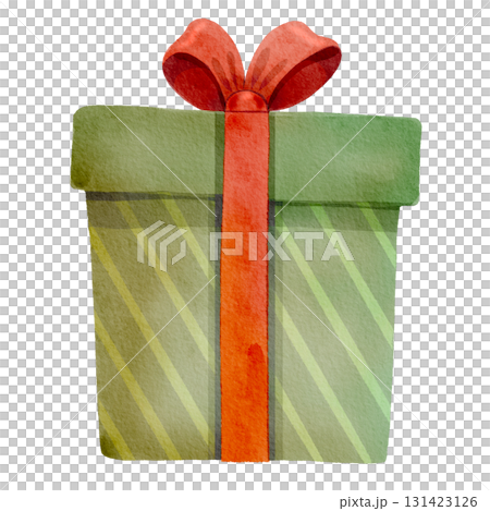 Green present tied with a red ribbon. The gift box is hand-drawn in a watercolor style. The illustration is perfect for holiday decorations and greeting cards. 131423126