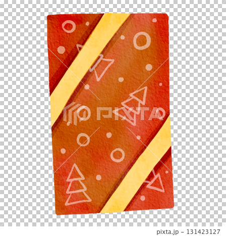 Red present tied with a yellow ribbon. The gift box is hand-drawn in a watercolor style. The illustration is perfect for holiday decorations and greeting cards. Red present tied with a yellow ribbon. The gift box is hand-drawn in a watercolor style. The illustration is perfect for holiday decorations and greeting cards. 131423127