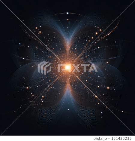 中心から広がる光の抽象アート　対称的な形が美しい幻想的なデジタル背景素材 131423233