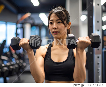 本格的にジムで筋トレをする女性 131423314