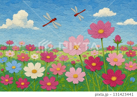 コスモス畑 青空 赤とんぼ 貼り絵のイラスト素材 [131423441] - PIXTA