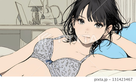 下着姿でくつろいでいる若い女性 131423467