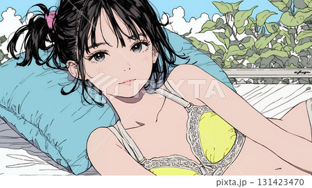 下着姿でくつろいでいる若い女性