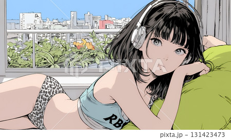 下着姿でくつろいでいる若い女性 131423473