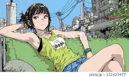 下着姿でくつろいでいる若い女性