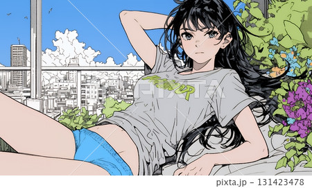 下着姿でくつろいでいる若い女性